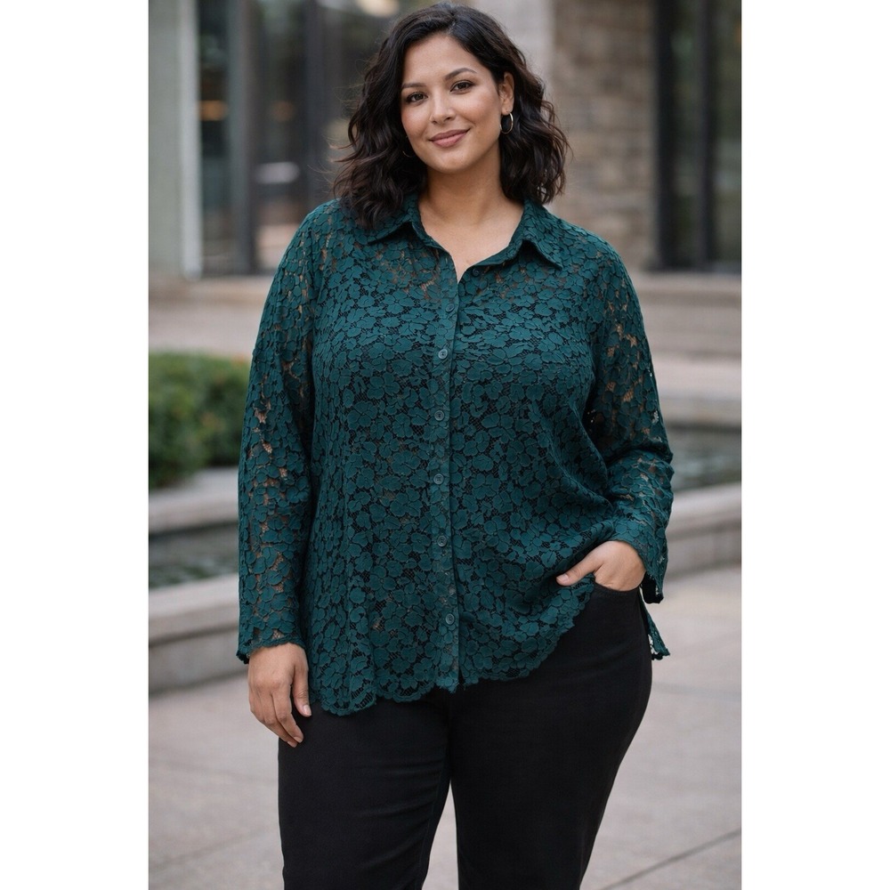 Charter Club Woman Lace Button Front Blouse Green Plus Size 22W Sheer NWT